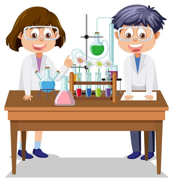 Дети Учёные Проводят Химические Эксперименты — стоковый вектор