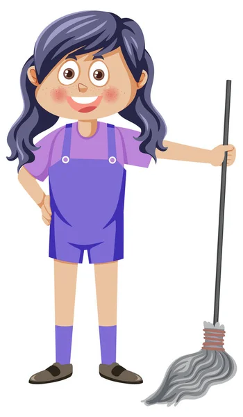 Cartoon Girl Holding Mop Cleaning Illustration — Stock Vector