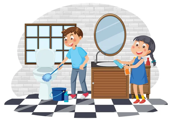 Bambini Pulizia Toilette Vettoriale Illustrazione — Vettoriale Stock