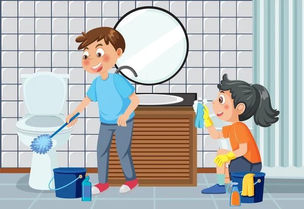 Çizgi Filmdeki Çocuklar Evi Temizliyor — Stok Vektör