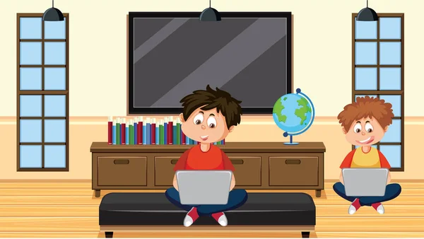 Çocuklar Evde Resim Dersinde Online Öğreniyor — Stok Vektör