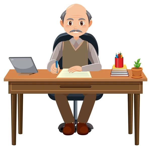 Starý Muž Sedí Stolem Ilustrace — Stockový vektor