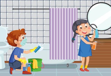 Çizgi filmdeki çocuklar evi temizliyor.