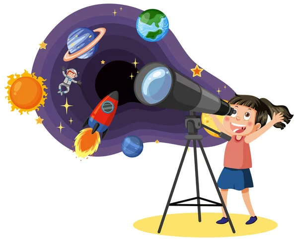 Meisje Observeert Planeten Met Telescoop Illustratie — Stockvector