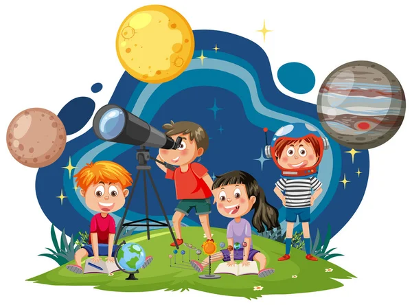 Kinder Beobachten Planeten Mit Teleskop Illustration — Stockvektor