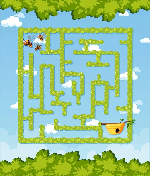 Maze Game Template Honingbij Thema Voor Kinderen Illustratie — Stockvector