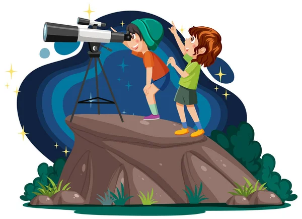 Dzieci Patrzące Przez Ilustrację Teleskopu — Wektor stockowy