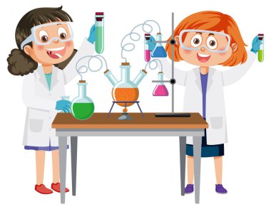 Kimyasal deney çizimi yapan bilim adamları.