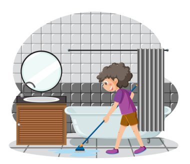 Banyo resimlerini temizleyen bir kadın.