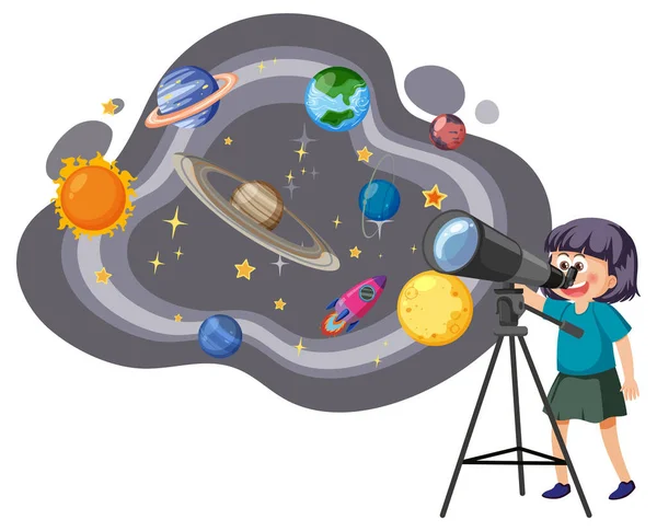 Little Girl Observing Sky Telescope Illustration — Stock Vector