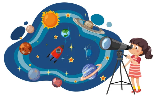 Girl Observing Planets Telescope Illustration — Stock Vector