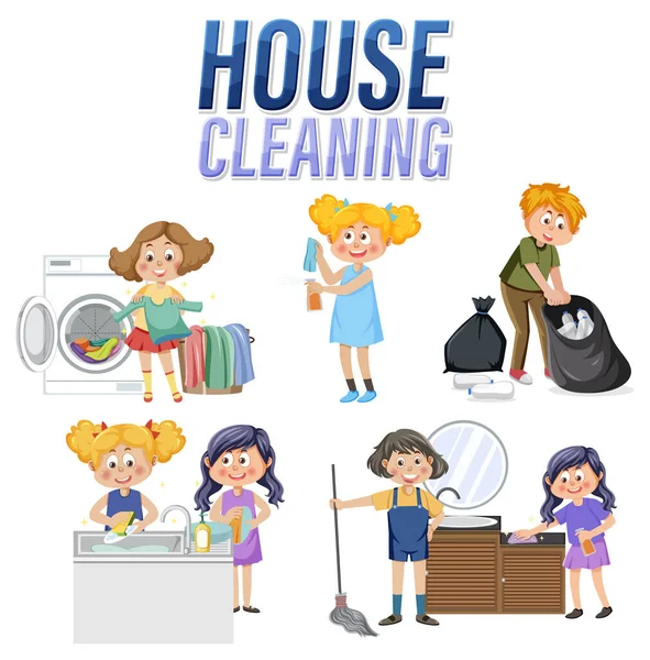 Kids Cleaning Home Set Illustration — Stock Vector