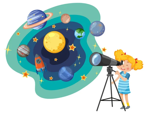 Mädchen Beobachtet Planeten Mit Teleskop Illustration — Stockvektor