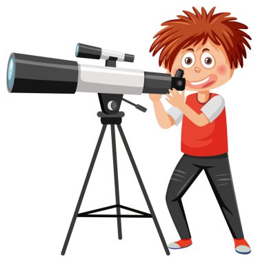 Teleskop illüstrasyonundan bakan bir çocuk.