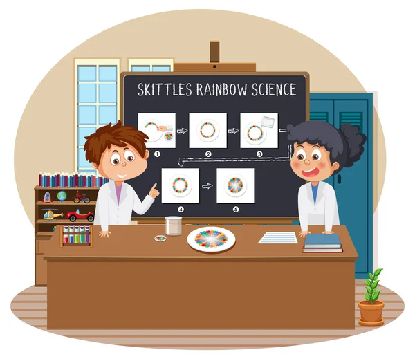 Studerande Förklarar Skittles Regnbåge Vetenskap Experiment Illustration — Stock vektor