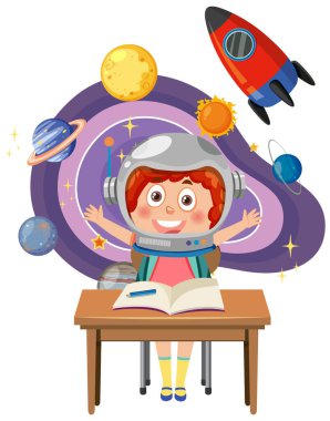 Astronot başlığı takan bir kız.