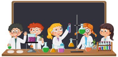 Kimyasal deney çizimi yapan bilim adamları.