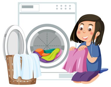 Çamaşır makinesiyle çamaşır yıkayan bir kız.