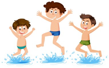 Üç çocuk suya atlıyor.