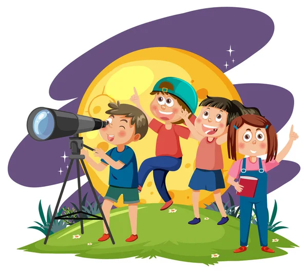 Enfants Observant Ciel Avec Une Illustration Télescope — Image vectorielle