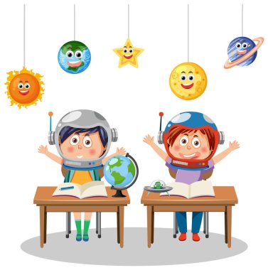 Çizgi film çocukları astronomi çizimi öğreniyor.