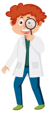 Laboratuvar önlüğü giymiş bir çocuk.