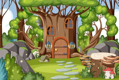 Orman illüstrasyonunda peri masalı ağaç evi
