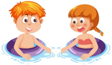 Suda şişirilebilir yüzükler kullanan iki çocuk.
