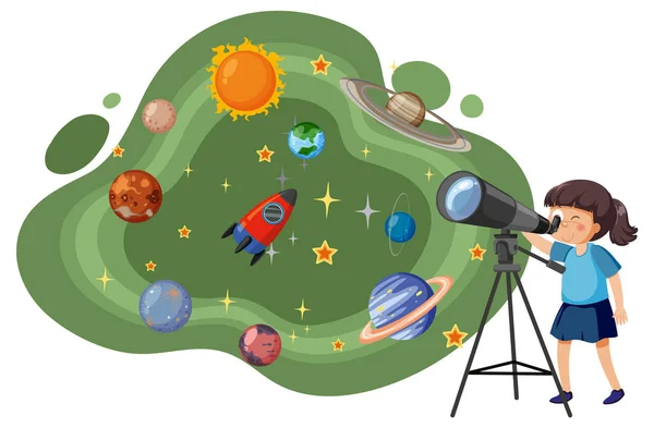 Liten Flicka Observerar Himlen Med Ett Teleskop Illustration — Stock vektor