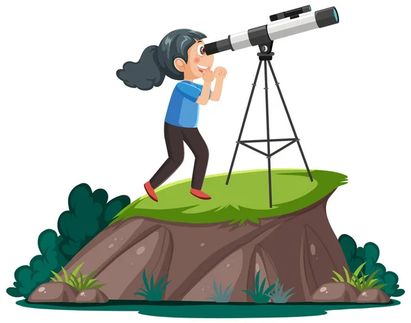 Dziewczyna Patrząca Przez Ilustrację Teleskopu — Wektor stockowy
