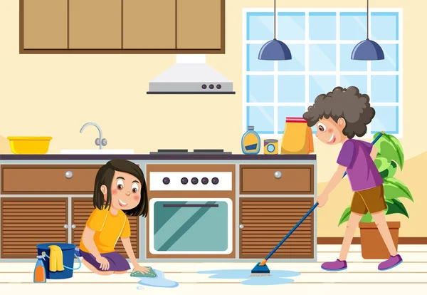 卡通儿童清扫房屋图解 — 图库矢量图片