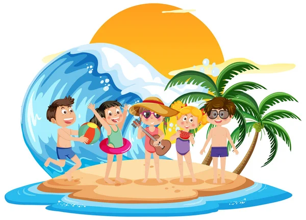 Kids Enjoying Summer Holiday Island Illustration — Stock Vector