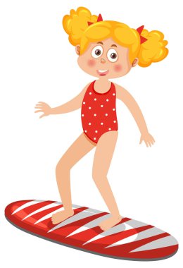 A girl wearing swimsuit standing on surfboard illustration