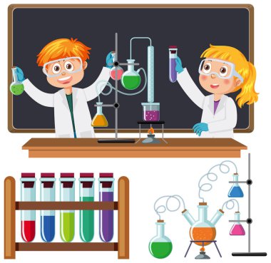 Kimyasal deney çizimi yapan bilim adamları.