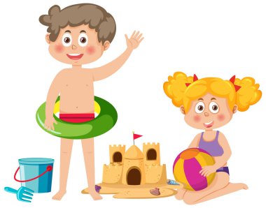 Two kids in summer beach theme illustration