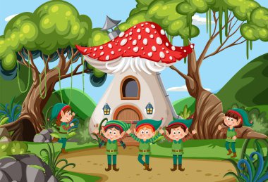 Elves in fairytale forest illustration