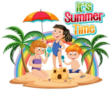 Its summer time text with kids on the beach illustration