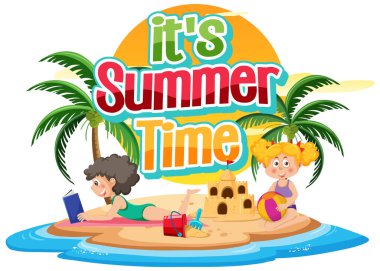 Its summer time text with kids on the beach illustration