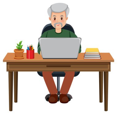 Yaşlı adam dizüstü bilgisayarın önünde oturuyor.