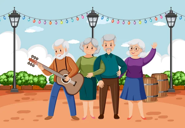 Senioren Die Muziek Spelen Het Park Illustratie — Stockvector