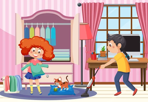 Çizgi Filmdeki Çocuklar Evi Temizliyor — Stok Vektör