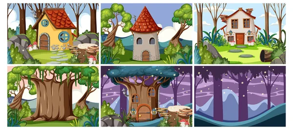 Set Fantasy Scene Background Illustration — Archivo Imágenes Vectoriales