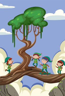 Elves in fairytale forest illustration