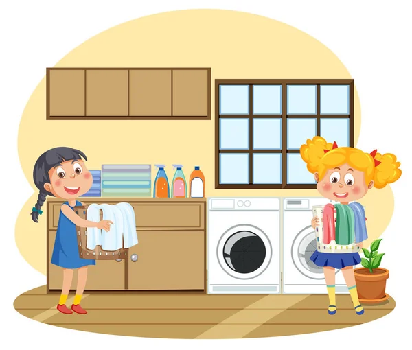Çamaşır Makinesiyle Çamaşır Yıkayan Çocuklar — Stok Vektör