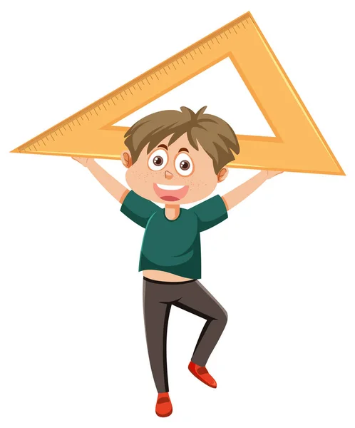 Boy Cartoon Character Holding Triangle Ruler Illustration — Stock vektor