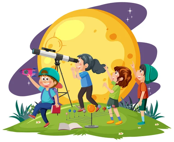 Kids Observing Telescope Illustration — Stock Vector