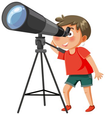 Teleskop illüstrasyonundan bakan bir çocuk.