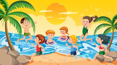 Kids on summer beach vacation illustration