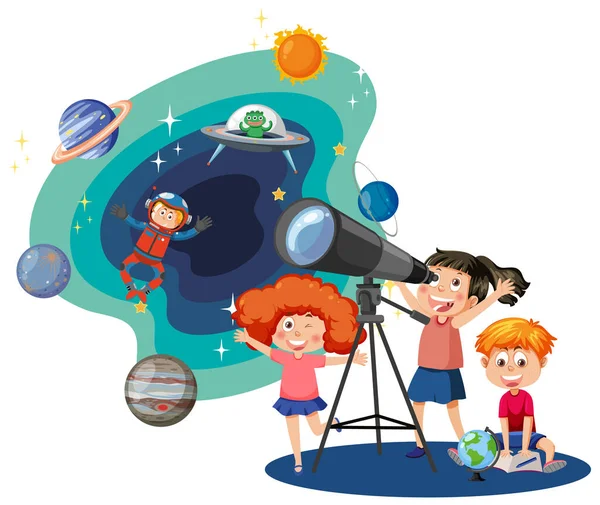 Bambini Che Osservano Pianeti Con Telescopio Illustrazione — Vettoriale Stock