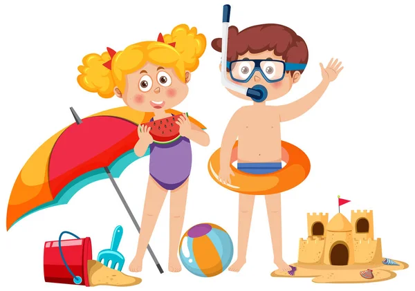 Two Kids Summer Beach Theme Illustration — Image vectorielle